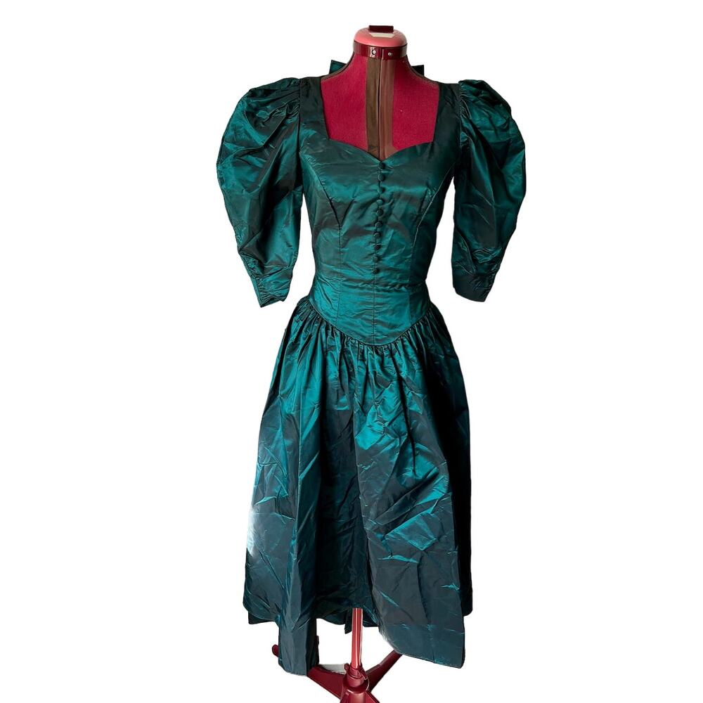 formal dress Vintage teal green puff sleeves bow